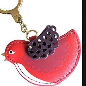 kate spade red leather bird keychain fob nwot
